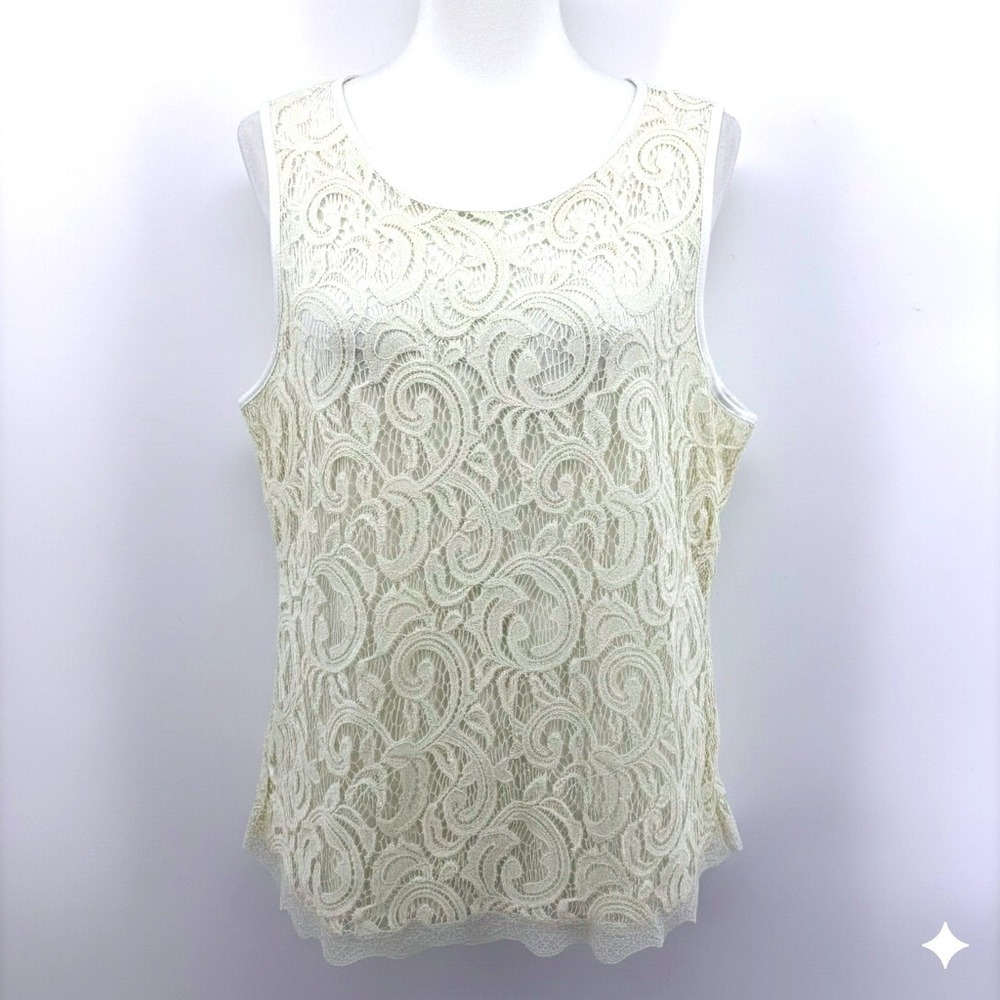 Adrianna Papell Lace Overlay Sleeveless Tank‎ Cream White Zipper Closure Medium